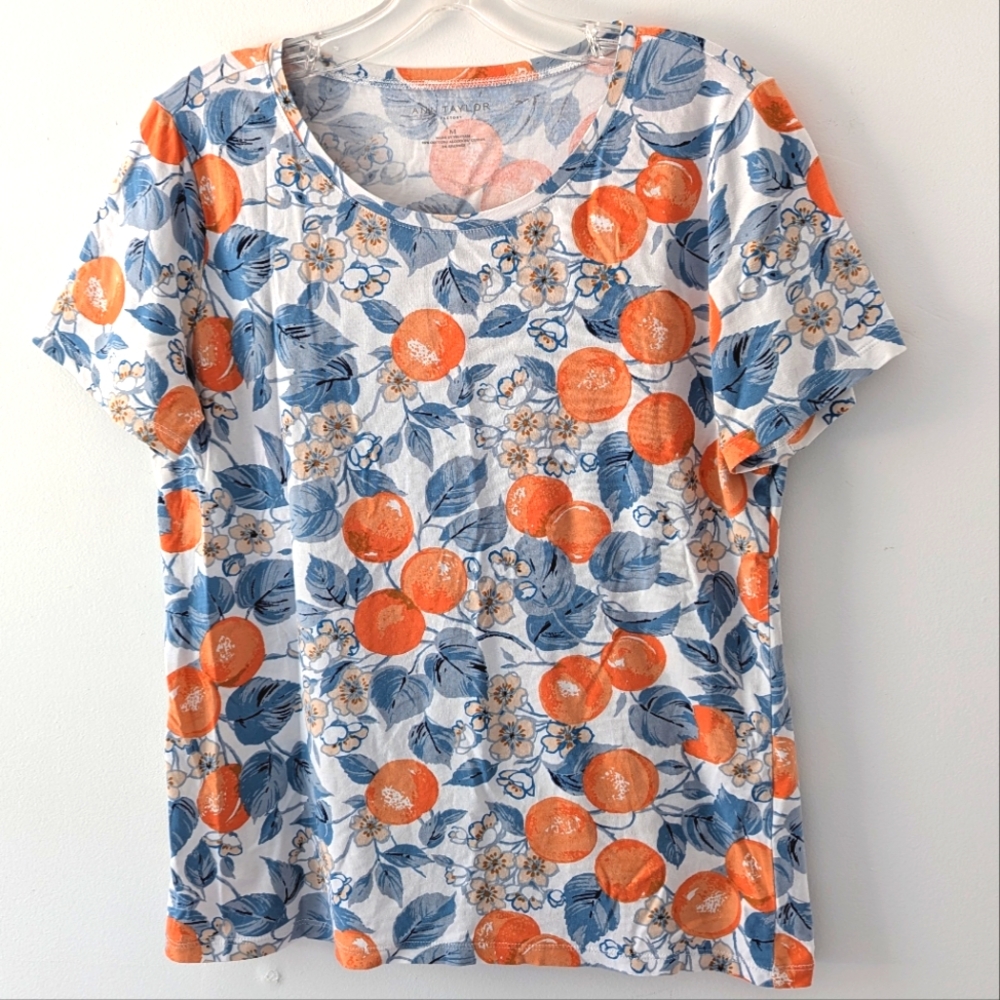 Ann Taylor Citrus Fruit Oranges 🍊 Scoop Neck Stretch Short Sleeve Shirt Medium